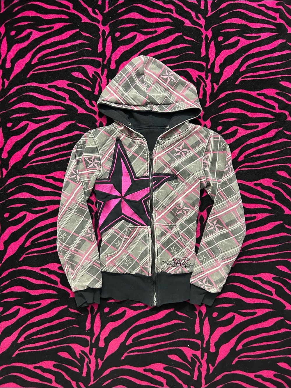 Y2K Vintage grunge goth rare SoCal Star Plaid reversible Zip Up Hoodie